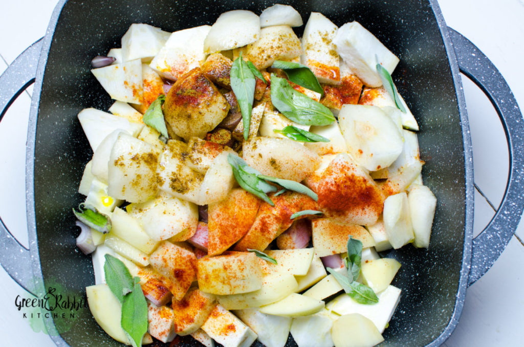 Vegan Celeriac and Asian Pear Soup with Crispy Sage