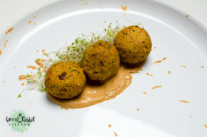 Vegan Sweet Potato Quinoa Falafel with Roasted Pepper Walnut Dressing